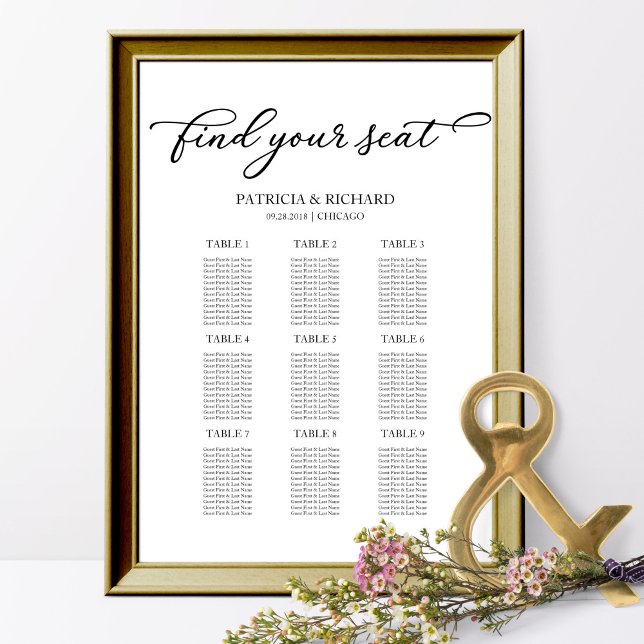 Affiche Plan de table de mariage simple et chic avec 9 tab (Créateur téléchargé)