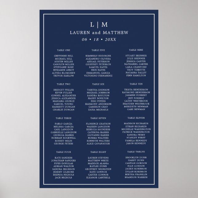 Affiche Plan de table de mariage simple monogramme bleu ma (Devant)