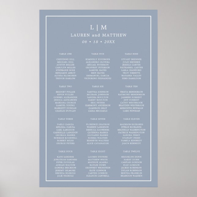 Affiche Plan de table de mariage simple monogrammé bleu po (Devant)