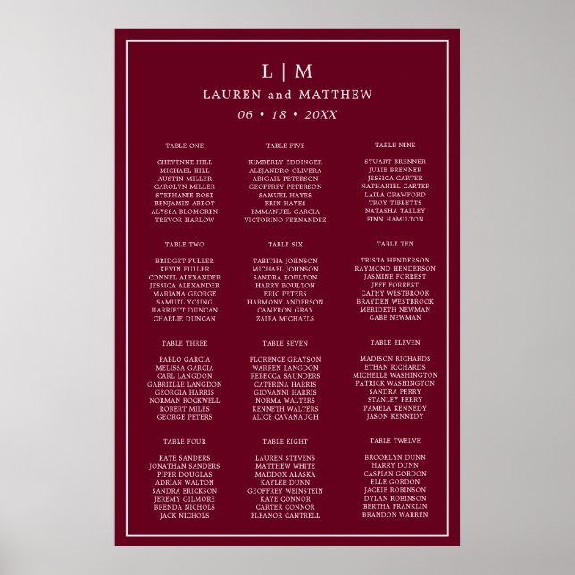 Affiche Plan de table de mariage simple monogramme de Bour (Devant)