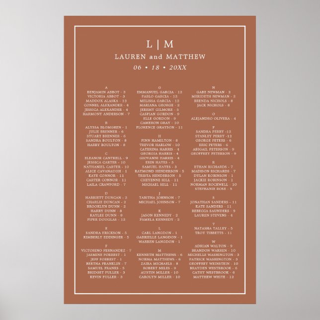 Affiche Plan de table de mariage simple monogramme en terr (Devant)