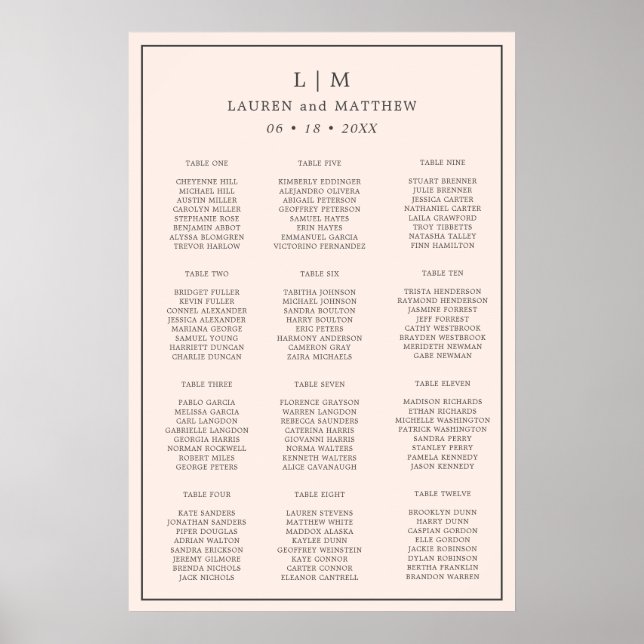 Affiche Plan de table de mariage simple monogramme rose pâ (Devant)