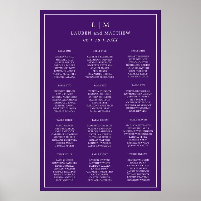 Affiche Plan de table de mariage simple monogramme violet (Devant)