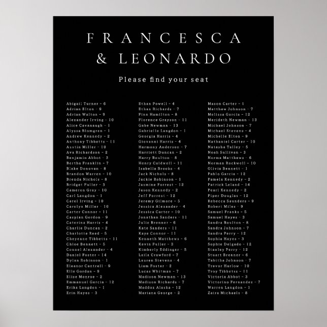 Affiche Plan de table de mariage simple noir classique (Devant)