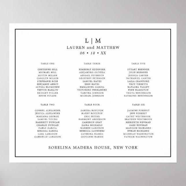 Affiche Plan de table de mariage simple noir et blanc (Devant)