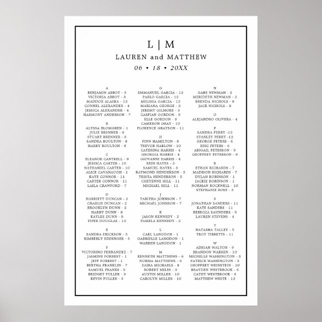 Affiche Plan de table de mariage simple noir et blanc (Devant)