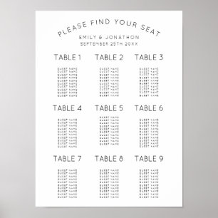 Affiche Plan de table de mariage simple noir et blanc