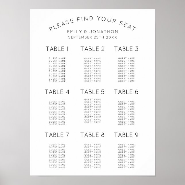 Affiche Plan de table de mariage simple noir et blanc (Devant)