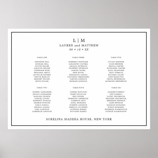 Affiche Plan de table de mariage simple noir et blanc (Devant)