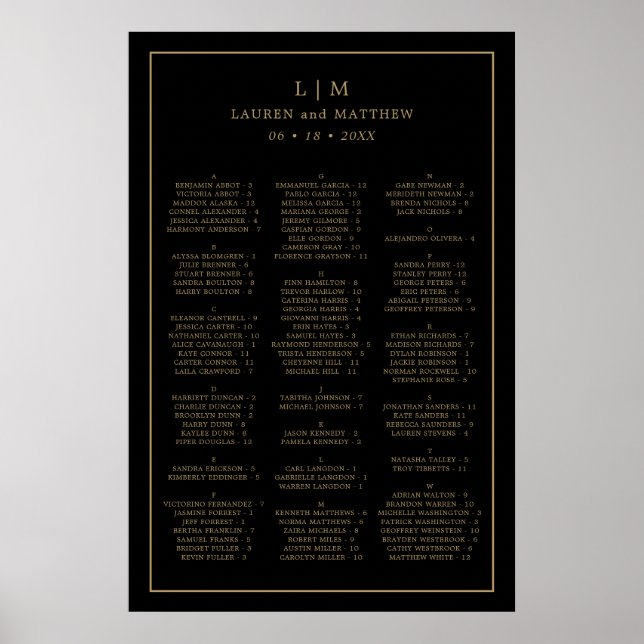 Affiche Plan de table de mariage simple noir et or (Devant)