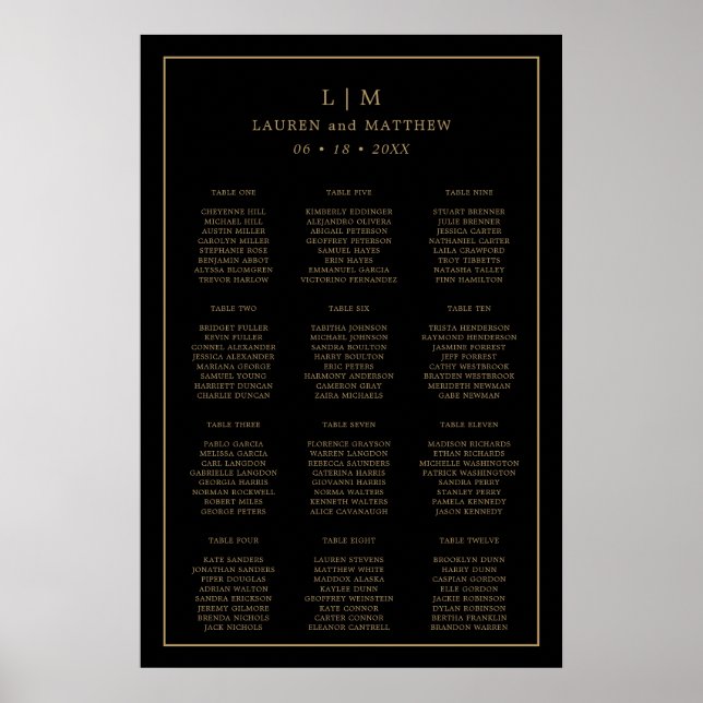 Affiche Plan de table de mariage simple noir et or (Devant)