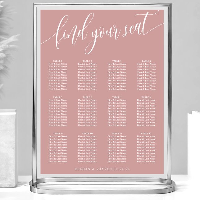 Affiche Plan de table de mariage simple rose poussiéreuse (Créateur téléchargé)