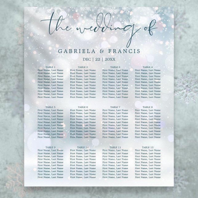 Affiche Plan de table de mariage sous la neige Winter Wond (Winter Wonderland Snow Wedding Seating Chart
)