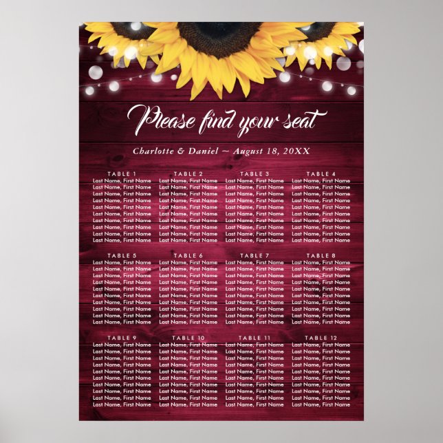 Affiche Plan de table de mariage Tournesol Bourgogne 12 (Devant)