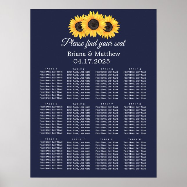 Affiche Plan de table de mariage tournesol Country Blue (Devant)