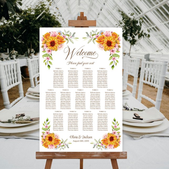 Affiche Plan de table de mariage Tournesol Rose 13 tables (Créateur téléchargé)