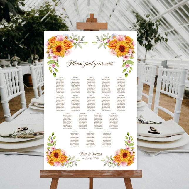 Affiche Plan de table de mariage Tournesol Rose 17 tables (Créateur téléchargé)