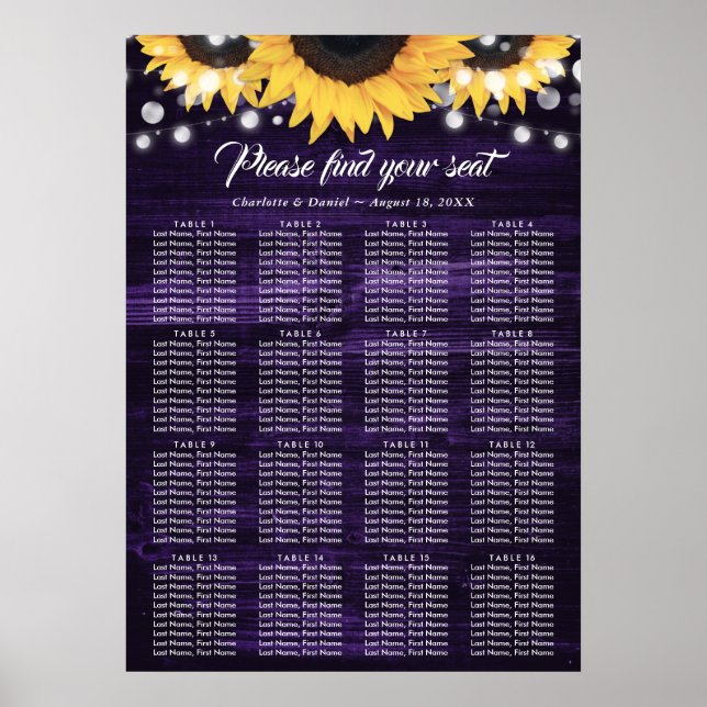 Affiche Plan de table de mariage Tournesol Violet 16 (Devant)