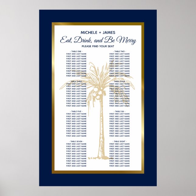 Affiche Plan de table de mariage tropical bleu marine et o (Devant)