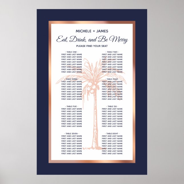 Affiche Plan de table de mariage tropical Navy Rose Gold P (Devant)