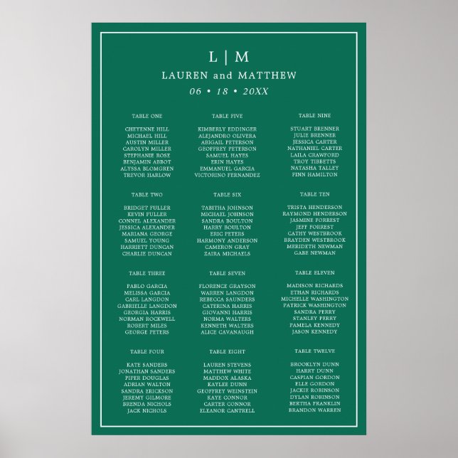 Affiche Plan de table de mariage vert émeraude simple (Devant)