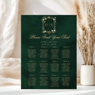 Affiche Plan de table de mariage vert et or Monogramme Crê