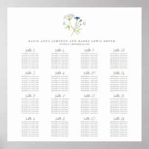 Affiche Plan de table de mariage vert monogramme fleur sau