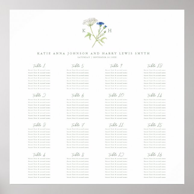 Affiche Plan de table de mariage vert monogramme fleur sau (Devant)