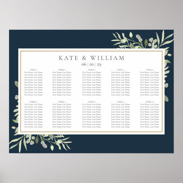 Affiche Plan de table de mariage vert Navy Blue Or (Devant)