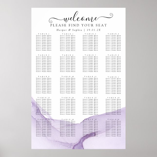 Affiche Plan de table de mariage violet aquarelle moderne (Devant)