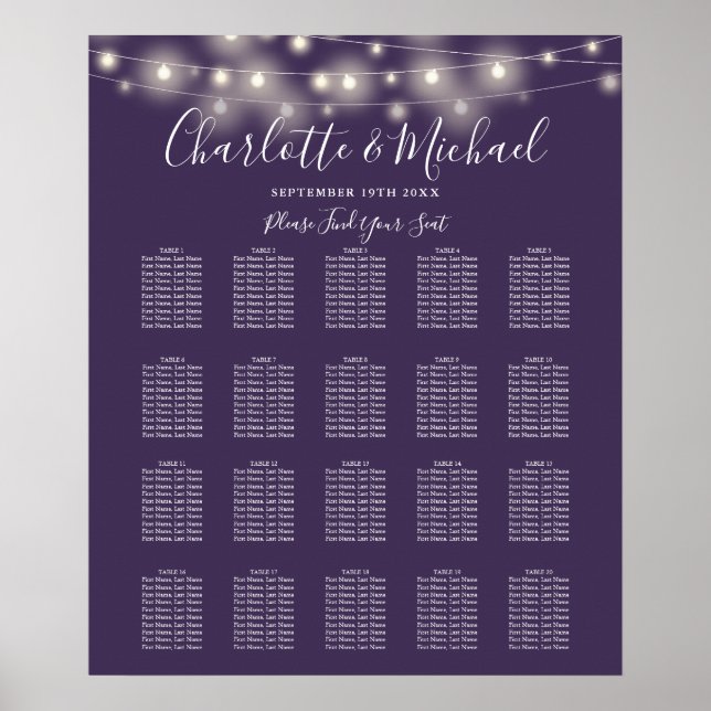 Affiche Plan de table de mariage violet avec guirlandes lu (Devant)