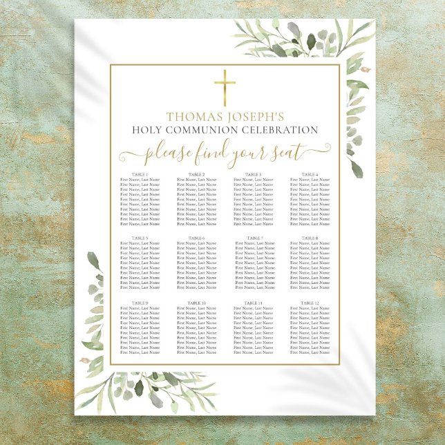 Affiche Plan de table de première communion verte dorée (First Holy Communion Greenery Gold Seating Chart)