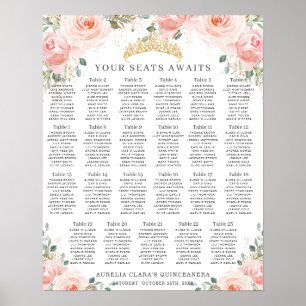 Affiche Plan de table de Quinceanera rose fuchsia à motifs