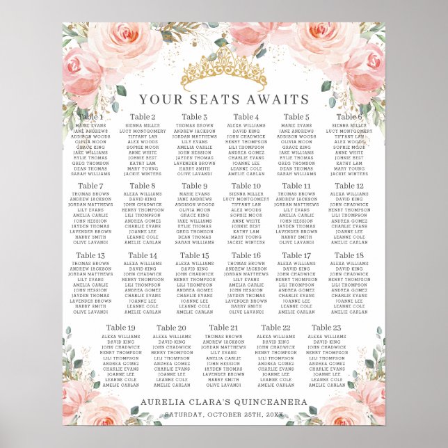 Affiche Plan de table de Quinceanera rose fuchsia à motifs (Devant)