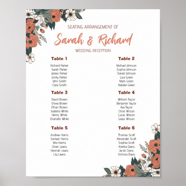 Affiche Plan de table de réception de mariage floral éléga (Devant)
