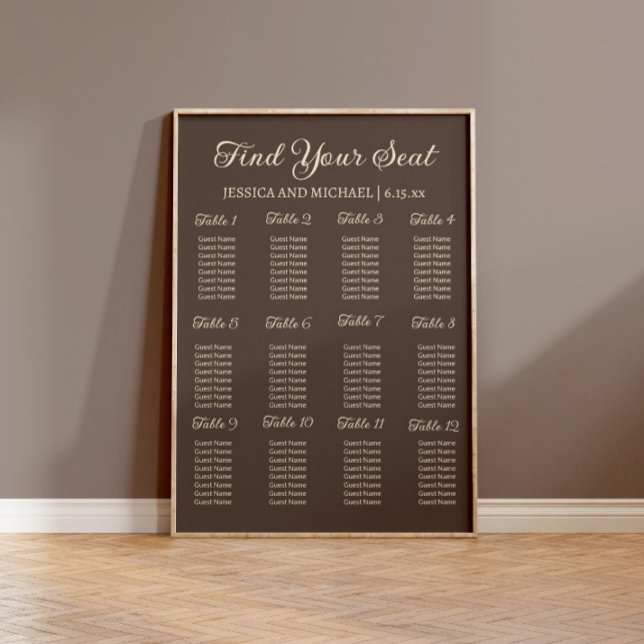 Affiche Plan de table de réception de mariage marron (Elegant brown wedding seating chart)
