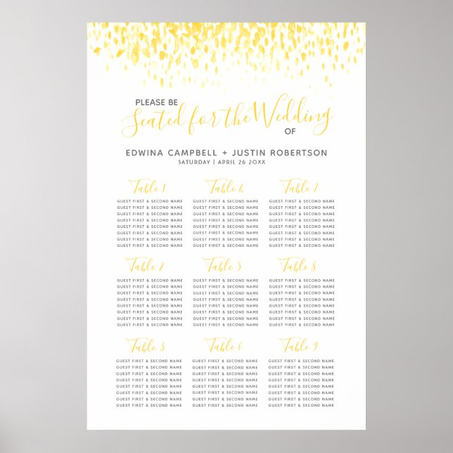 Affiche Plan de table du mariage d'aquarelle abstrait jaun (Devant)