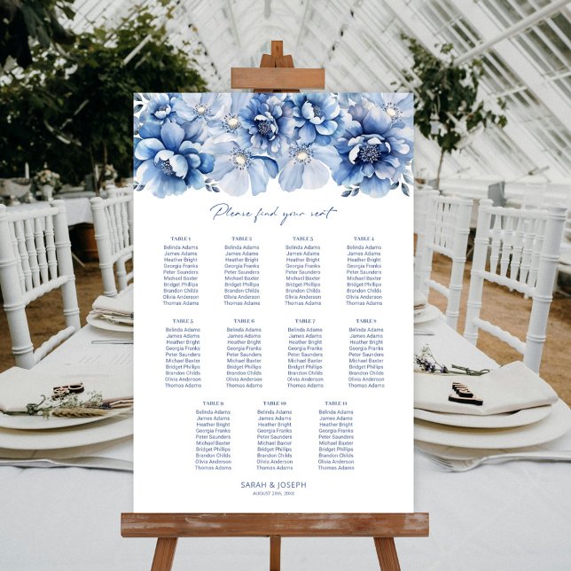 Affiche Plan de table élégant 11 tables bleu floral mariag (Créateur téléchargé)