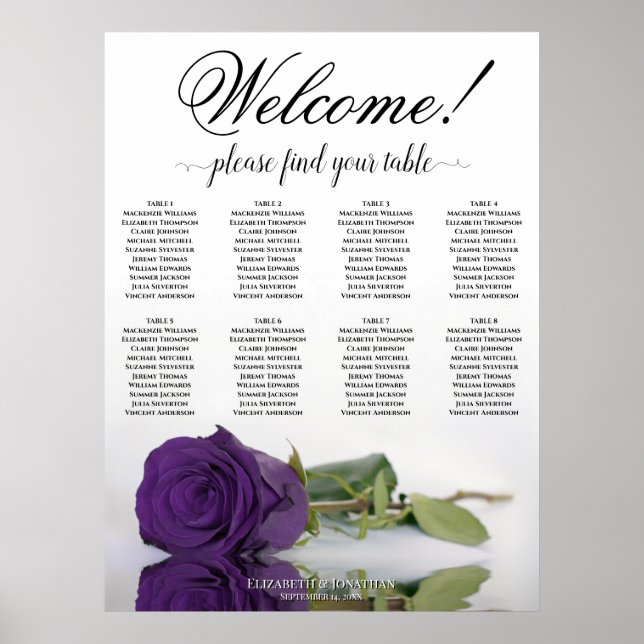Affiche Plan de table Élégant 8 Tables Rose Royale Violett (Devant)