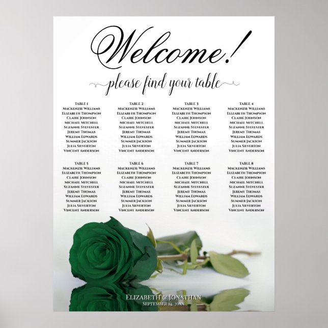 Affiche Plan de table élégant à 8 tables Rose verte émerau (Devant)