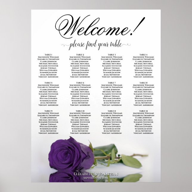 Affiche Plan de table élégant avec 12 tables et rose royal (Devant)