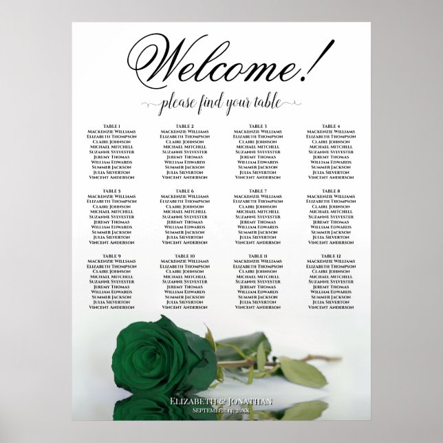 Affiche Plan de table élégant avec 12 tables et roses vert (Devant)