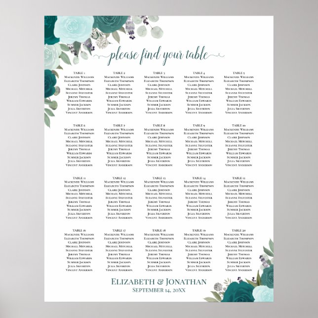 Affiche Plan de table élégant avec 20 tables et fleurs en  (Devant)