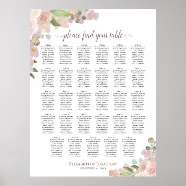 Affiche Plan de table élégant avec 29 tables et fleurs ros (Devant)