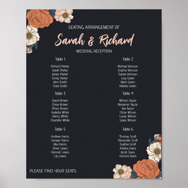 Affiche Plan de table élégant avec motifs floraux pour la  (Devant)