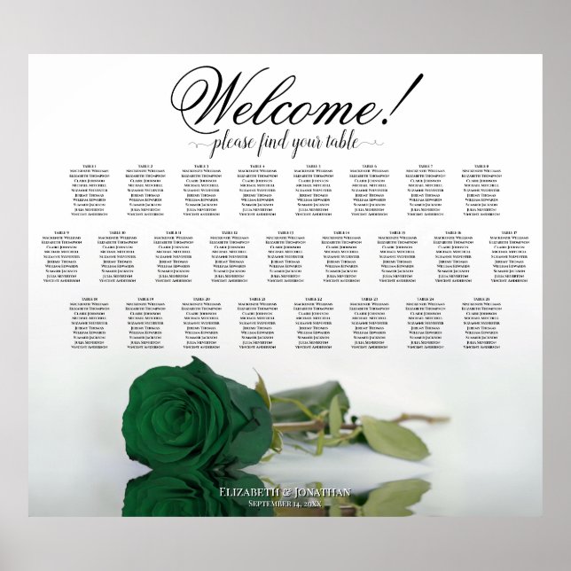 Affiche Plan de table élégant avec rose vert émeraude 25 p (Devant)
