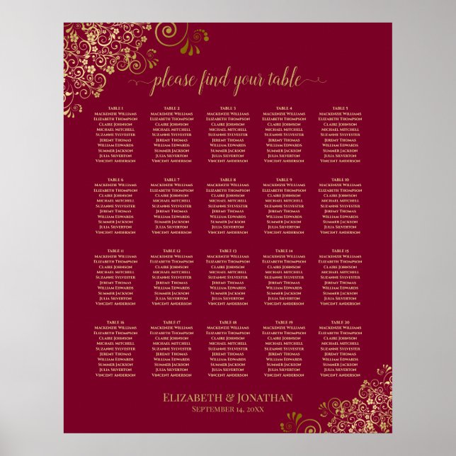 Affiche Plan de table élégant bordeaux et or pour 20 table (Devant)