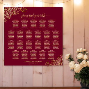 Affiche Plan de table élégant bordeaux et or pour 22 table