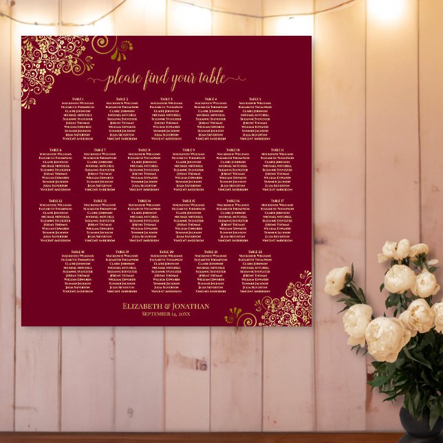 Affiche Plan de table élégant bordeaux et or pour 22 table (In Situ on Wall)