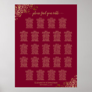 Affiche Plan de table élégant burgundy & or 23 tables